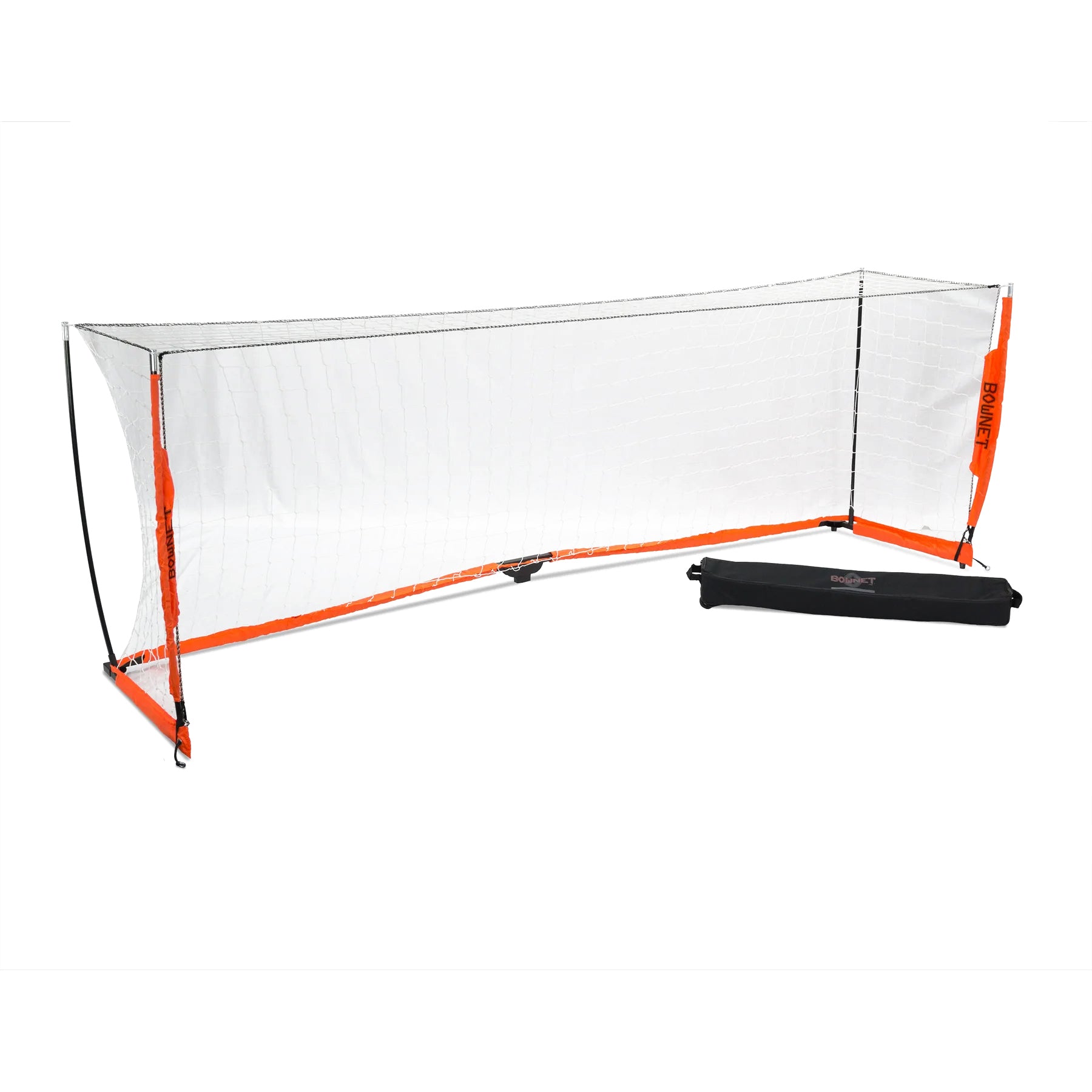 A Bownet Soccer Goal with an orange and white frame is fully set up next to a black carrying case on a white background, featuring an Energy Absorption System for strength, similar to Bownet’s portable soccer goals.