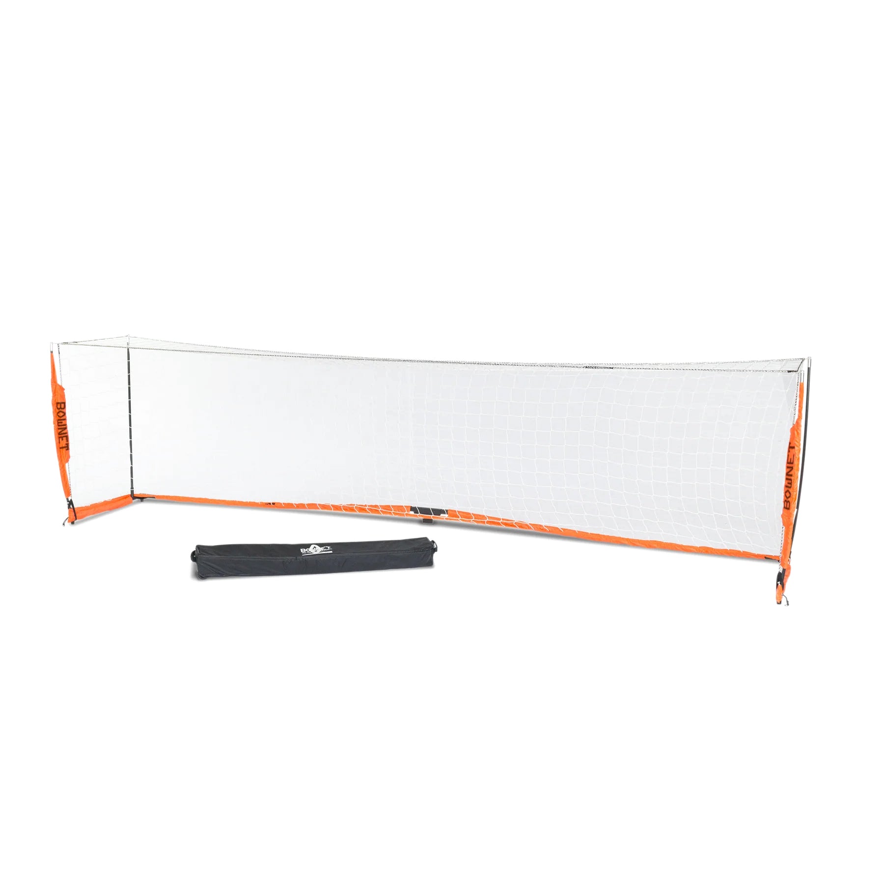 A Bownet Soccer Goal with signature orange and white posts stands on a white background, featuring an Energy Absorption System and a black carrying case placed in front of the goal.