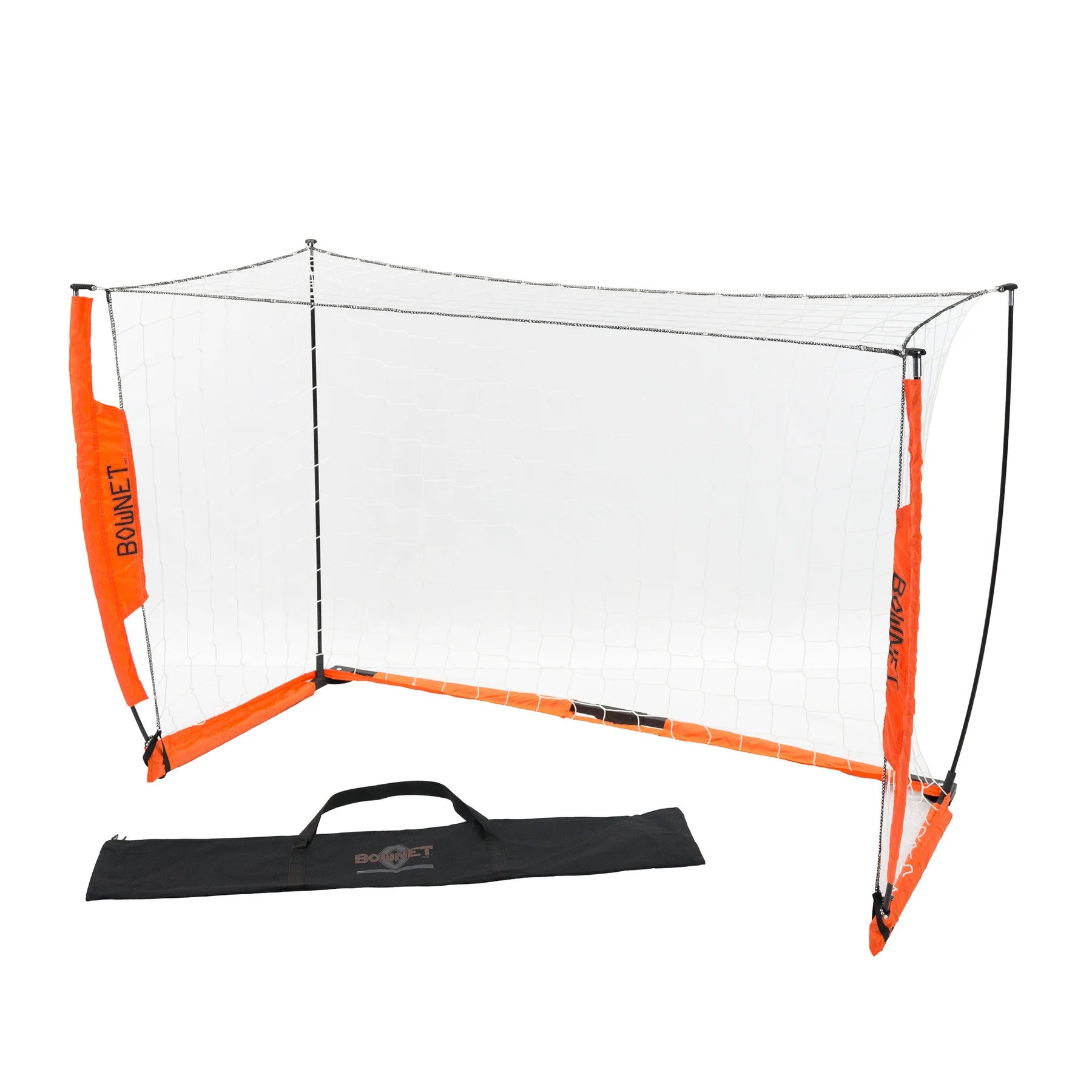 A Bownet Soccer Goal with an orange and black frame, white netting, and a black carrying bag is set up in front. Featuring an Energy Absorption System, it’s ready for use.