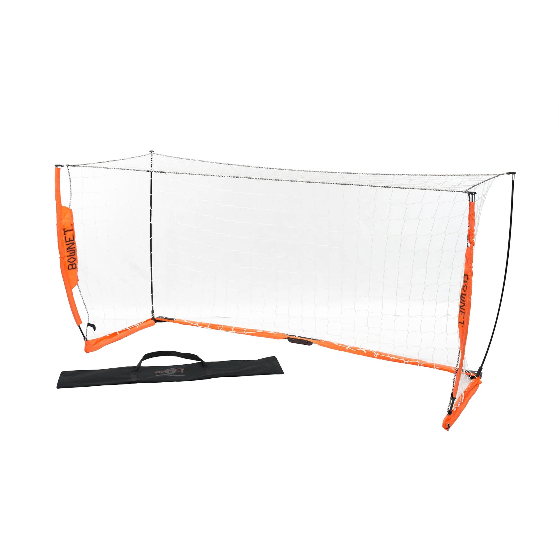 The Bownet Soccer Goal, featuring an orange frame and netting, stands on a white background. It includes an Energy Absorption System and comes with a black carrying bag with handles placed in front of the goal.