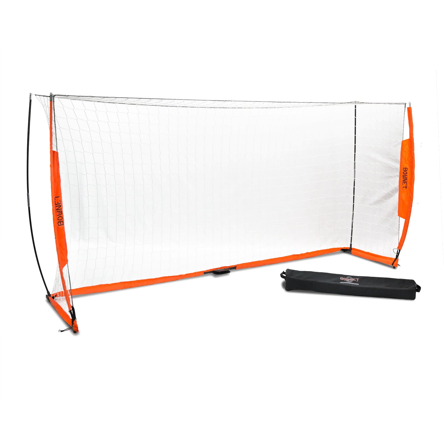 The Bownet Soccer Goal, featuring an orange frame and white net with Energy Absorption System, is set up on a white background. A black carrying case for easy transport is positioned in front.