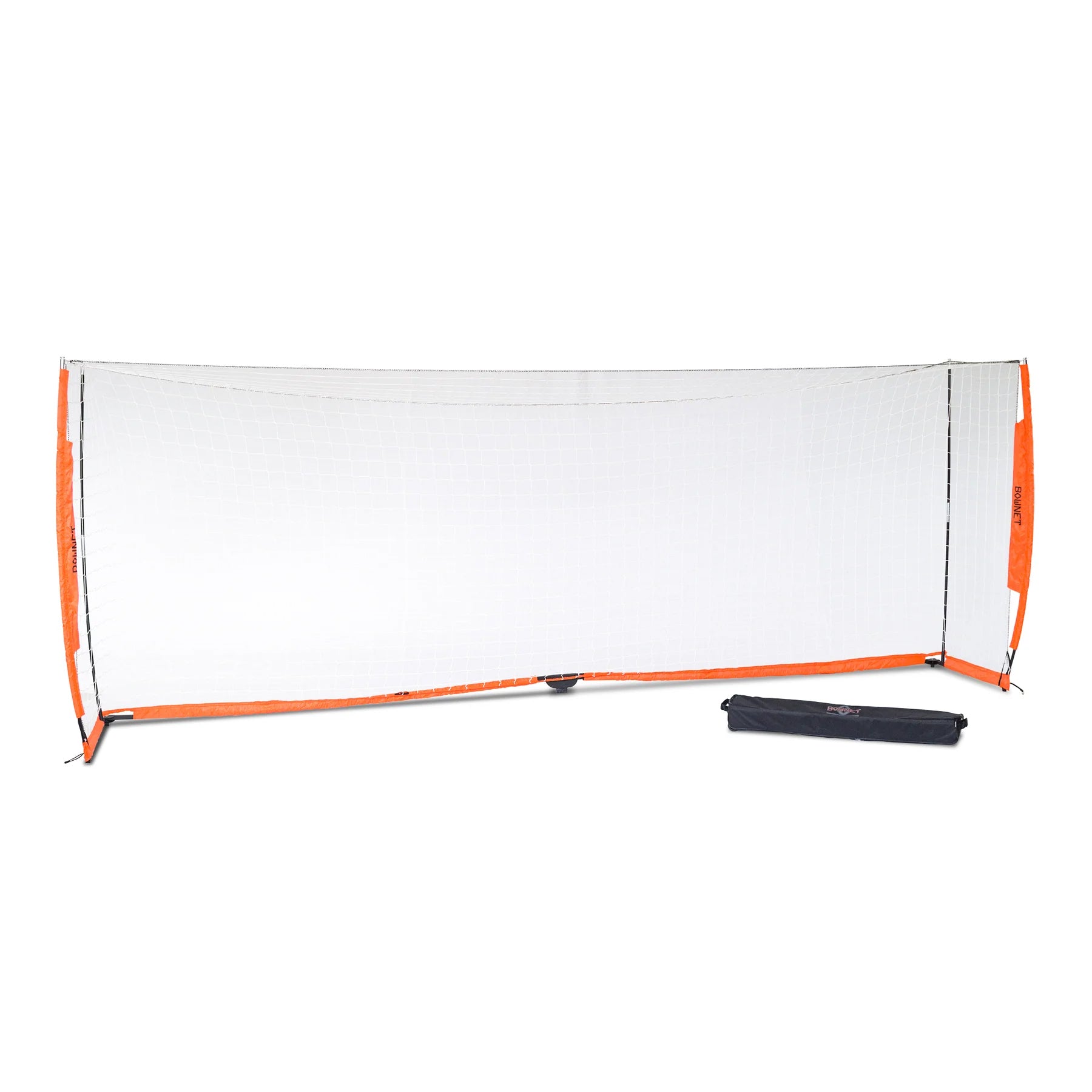 A Bownet Soccer Goal is fully set up with orange poles and a white net, similar to a portable badminton net. A black carrying case is in front, featuring an Energy Absorption System. The background is plain white.