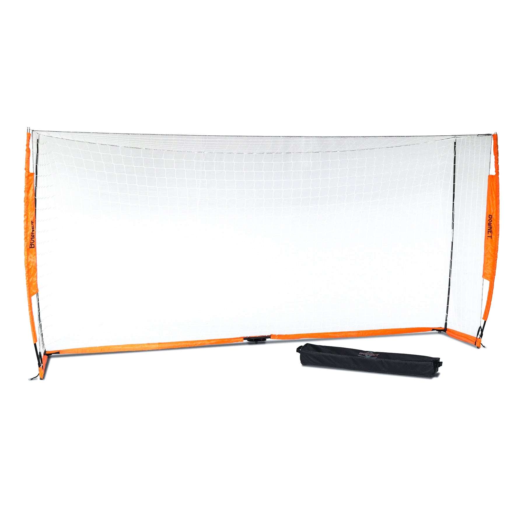 The Bownet Soccer Goal has an orange and black frame, a white net, and comes with a black carrying case. Its Energy Absorption System offers stability, making it the perfect portable goal for practices anywhere.