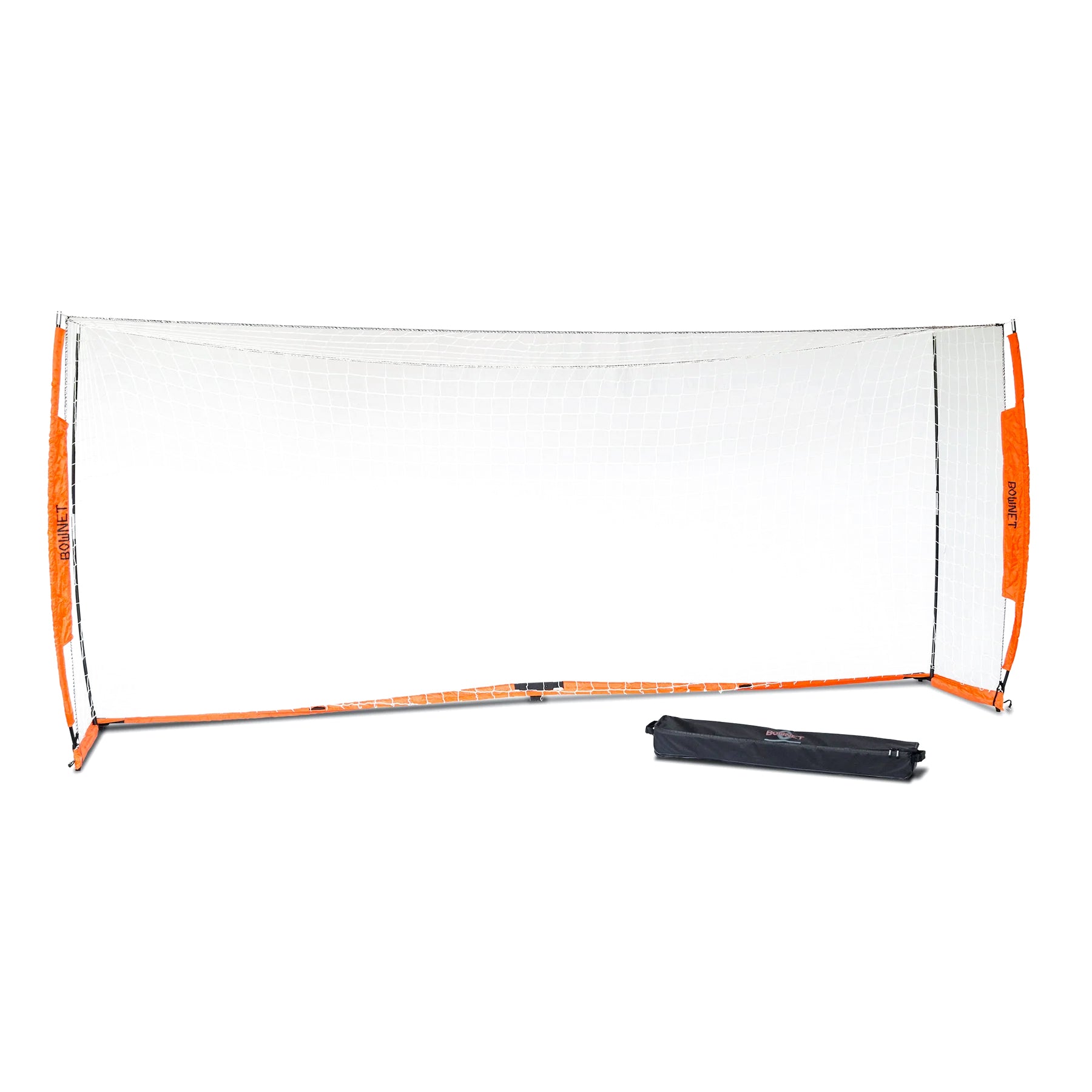 The Bownet Soccer Goal, shown fully assembled with an orange frame and white net, features the Energy Absorption System and includes a black carrying case, all set against a plain white background.