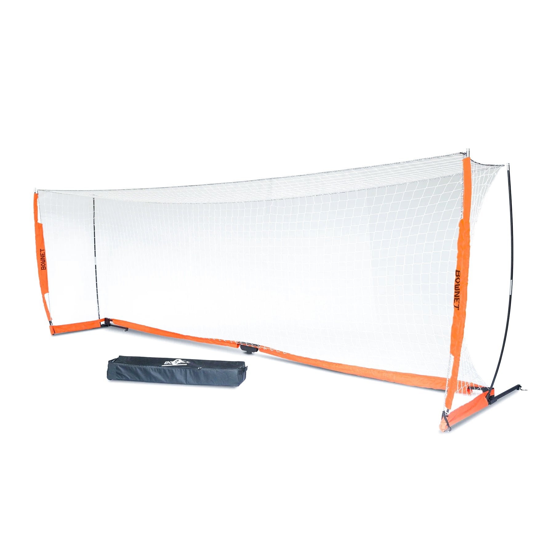 The Bownet Soccer Goal features a portable orange and black frame, white netting, and comes with a black carrying case—ideal for soccer enthusiasts seeking easy transport and quick setup. Isolated on a white background.