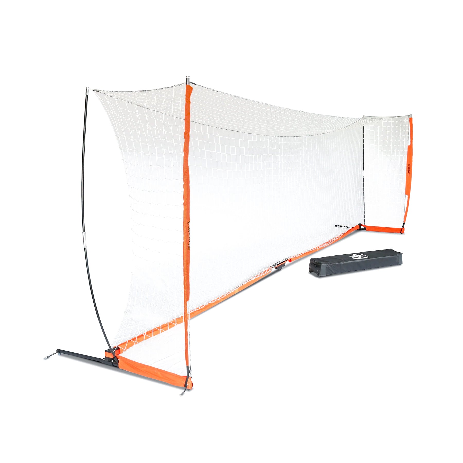 The Bownet Soccer Goal features a portable, freestanding design with a white net, orange frame, black metal poles, and base bag. Its Energy Absorption System ensures stability like Bownets top badminton nets.