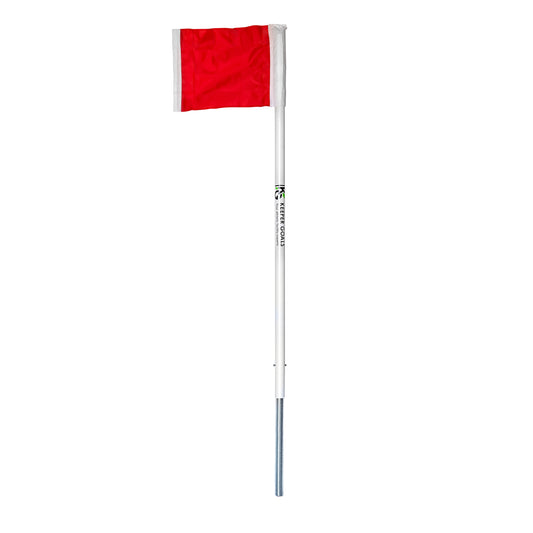 A single Keeper Goals Sleeved Official Soccer Corner Flag, part of a set of 4, featuring a red flag with white edges attached to a tall white pole, stands upright against a plain white background.