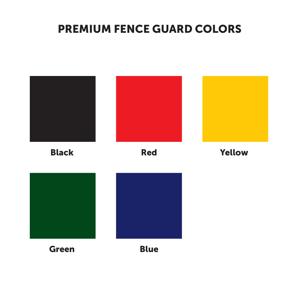 Graphic showing five Premium Fence Guard color swatches—black, red, yellow, green, and blue—in a grid with labeled names. Highlights UV-resistant fence cap options to suit any style.