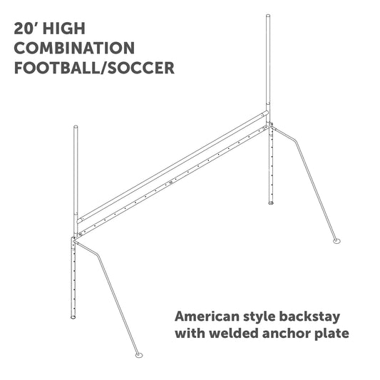 Line drawing of Semi-Permanent Combination Soccer & Football Goals, 20-foot high with American-style backstay, welded anchor plate, labeled support bars, and anchor points. Ideal for versatile sports use and sturdy performance.