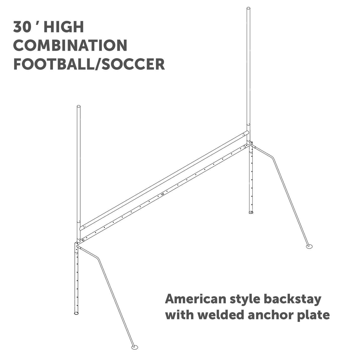 Line drawing of the Semi-Permanent Combination Soccer & Football Goals, 30 ft high with American-style backstay and welded anchor plate, highlights key features for easy comparison and versatile play selection.