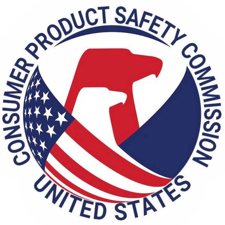 Logo of the U.S. Consumer Product Safety Commission, featuring stylized red, white, and blue elements, including an American flag pattern and abstract eagle heads, with agency name encircling the design.