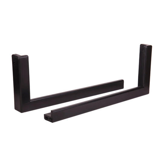 Two black, L-shaped 48″ Black Backboard Edge Pad cushions designed for a 48″ backboard.