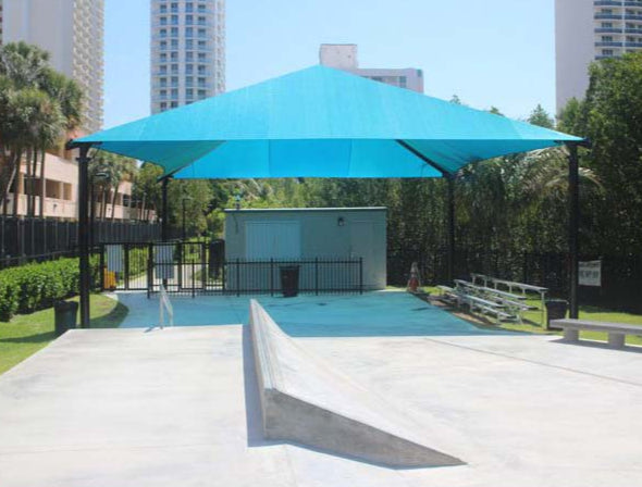 Model #RCPFSH3846-13. 37'-6"x46' Fabric shade structure with optional quick release corners.
