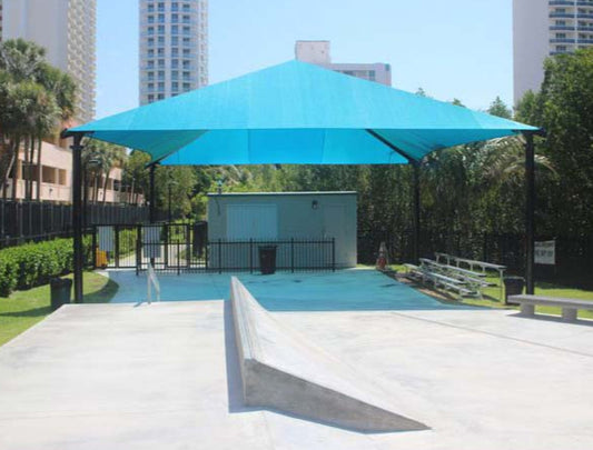 Model #RCPFSH3846-13. 37'-6"x46' Fabric shade structure with optional quick release corners.