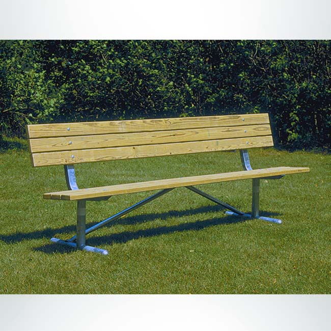 Model #GBWP6B. Wooden team bench with backrest and blue frame.