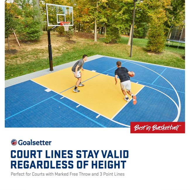 Model #GSLAUNCHPRO. Goalsetter Launchpro basketball system. Court lines stay valid regardless of hoop height.