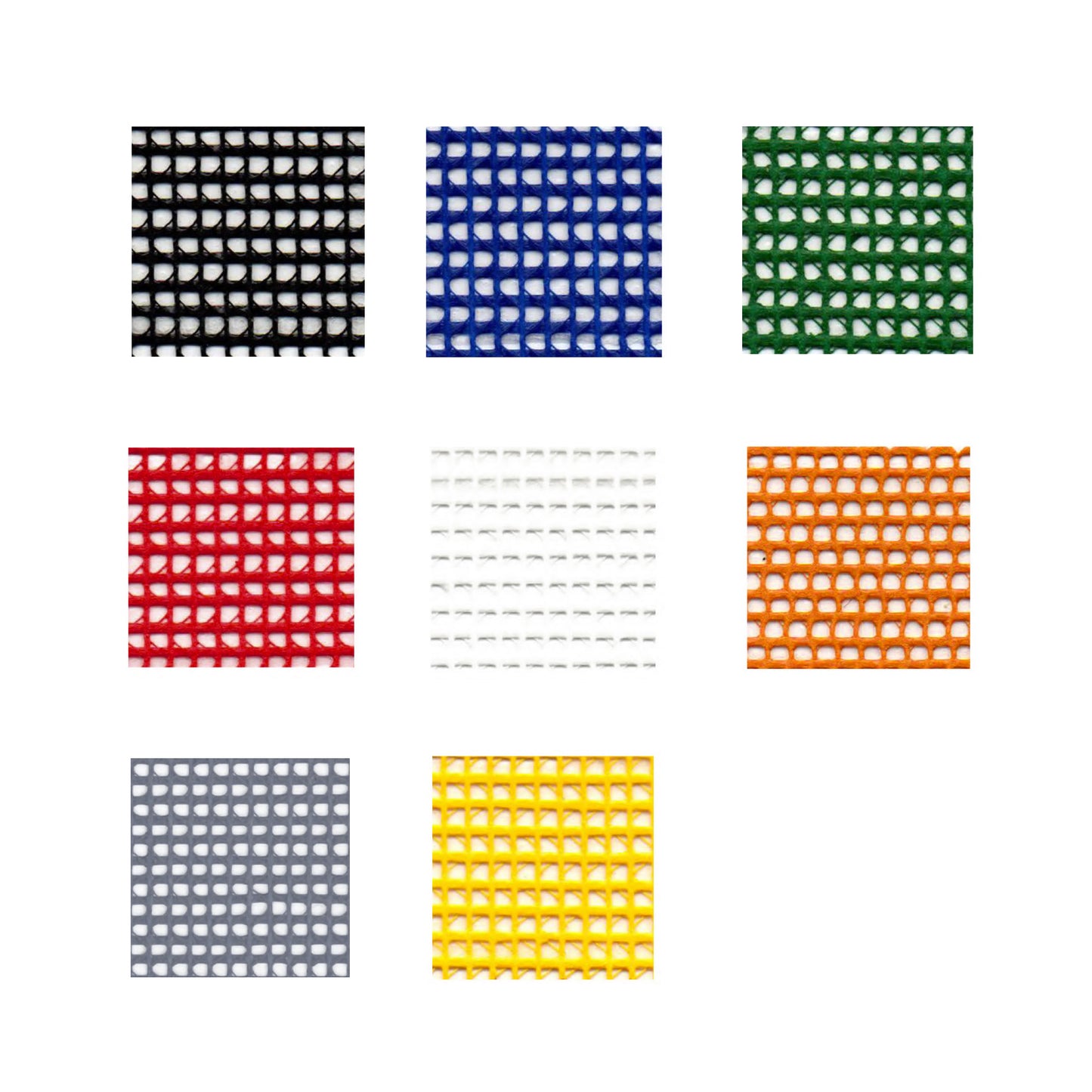 Nine mesh swatches, ideal for the Motorized Gym Divider, are displayed in a 3x3 grid on white. Each square shows a unique color: black, blue, green, red, white, orange, gray, yellow, and gold.