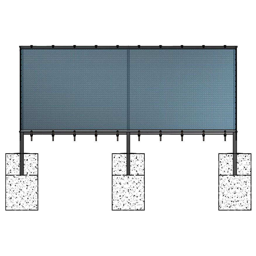 A Jaypro Outfield Batter's Eye (20' x 40'), featuring a rectangular blue mesh, is installed on a black metal fence with three concrete bases, fully covering the fence like a ballpark visual background.