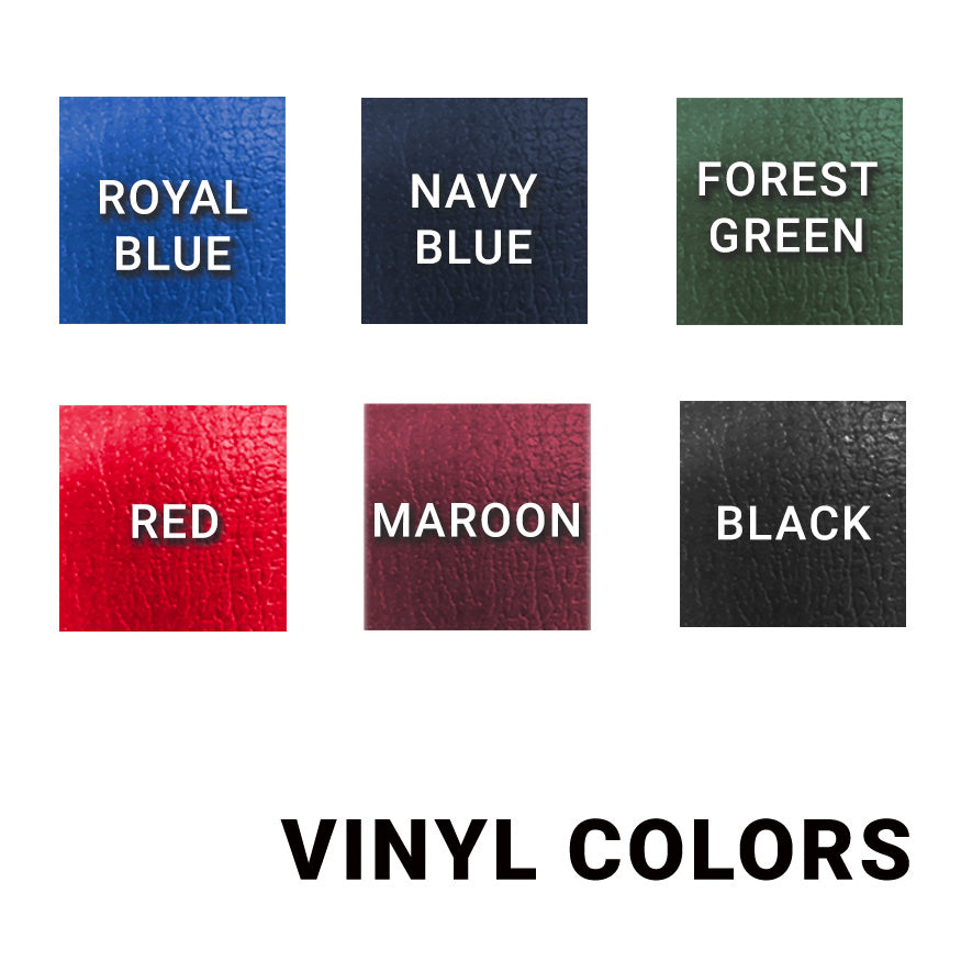 Six textured vinyl color samples—Royal Blue, Navy Blue, Forest Green, Red, Maroon, and Black—are shown as square swatches to customize your Jaypro Bomber All-Star Portable Batting Cage. “VINYL COLORS” is displayed beneath the samples.