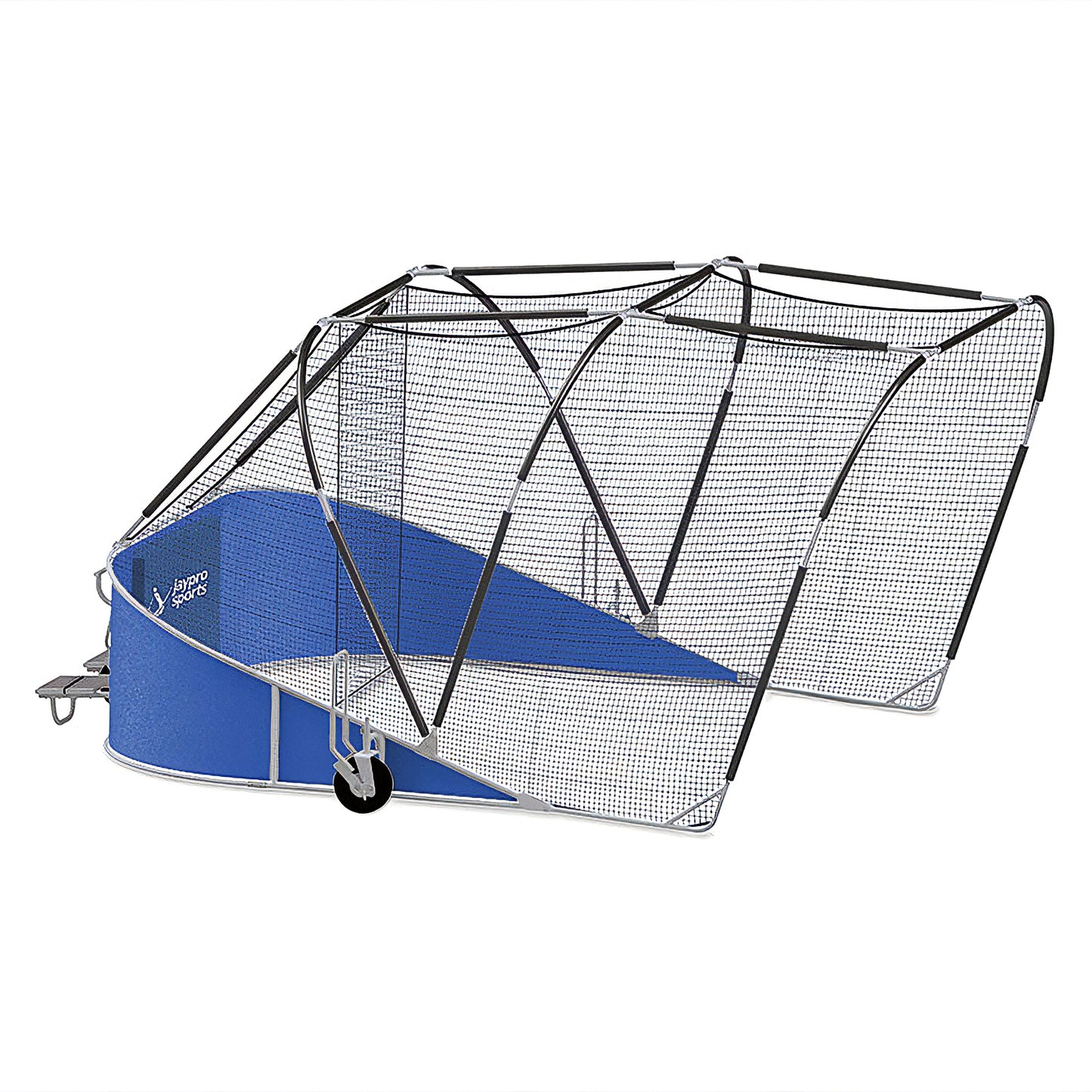 The Jaypro Bomber All-Star Portable Batting Cage features a sturdy metal frame, mesh netting, wheels for transport, and comes in blue and silver—ideal for baseball or softball practice.