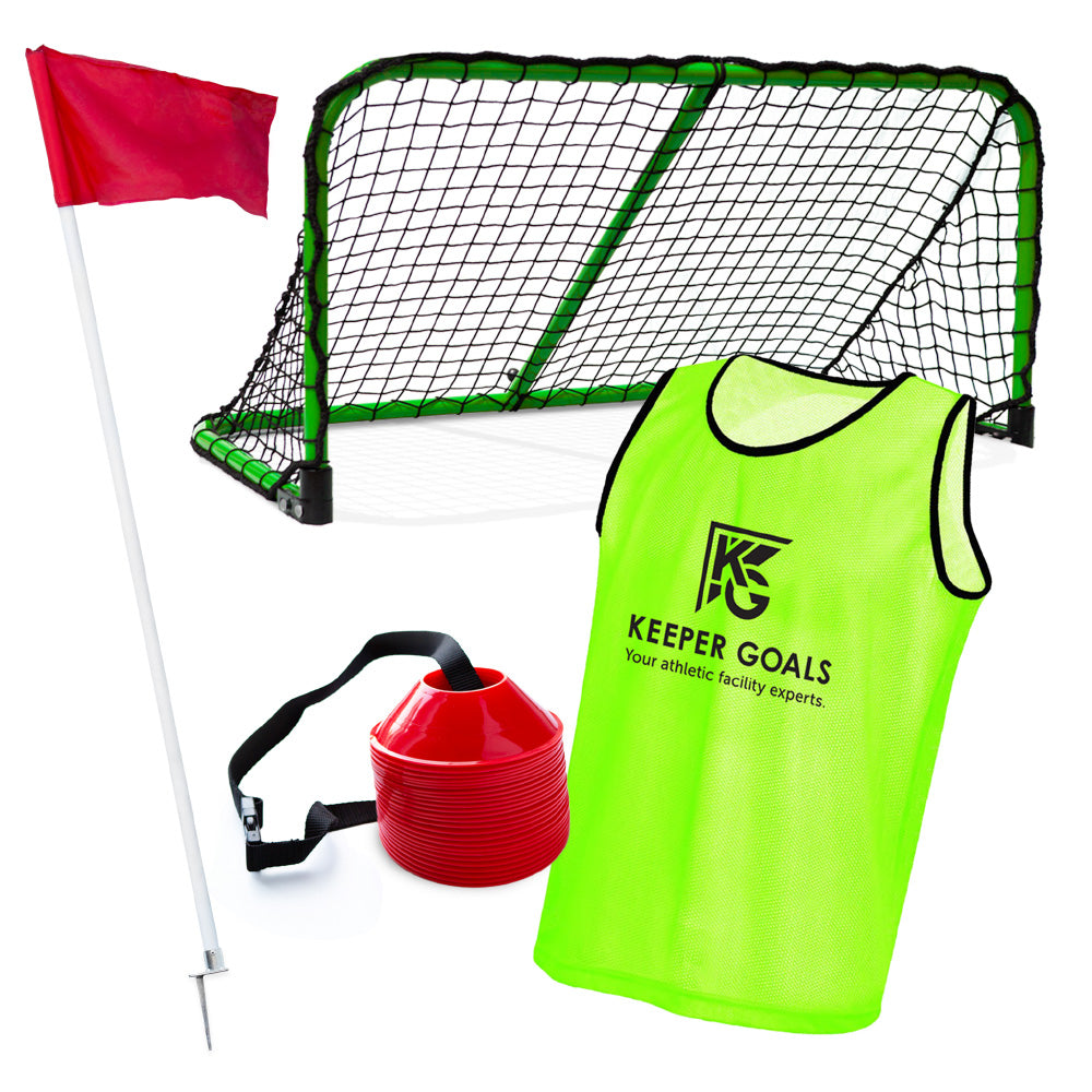 The Trainer Package includes portable training goals, a red corner flag, red disc cones with a black strap, and a neon green practice pinnie with KEEPER GOALS printed on it.