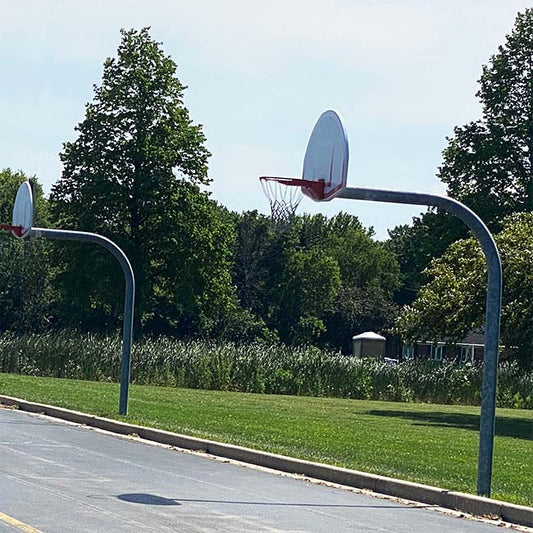 Model #KG690SSUR. Gooseneck basketball pole with 6' overhang and 5 9/16" pole.