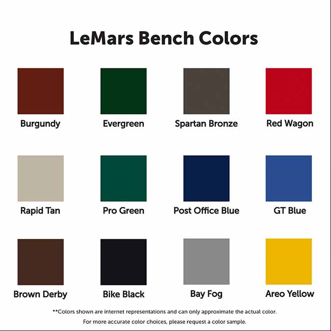 Lemars Memorial Bench Color Option Palette. Burgundy, Evergreen, Spartan Bronze, Red Wagon, Rapid Tan, Pro Green, Post Office Blue, GT Blue, Brown Derby, Bike Black, Bay Fog, Aero Yellow. Colors shown are internet representations and can only approximate the actual color. For more accurate color choices, please request a color sample.
