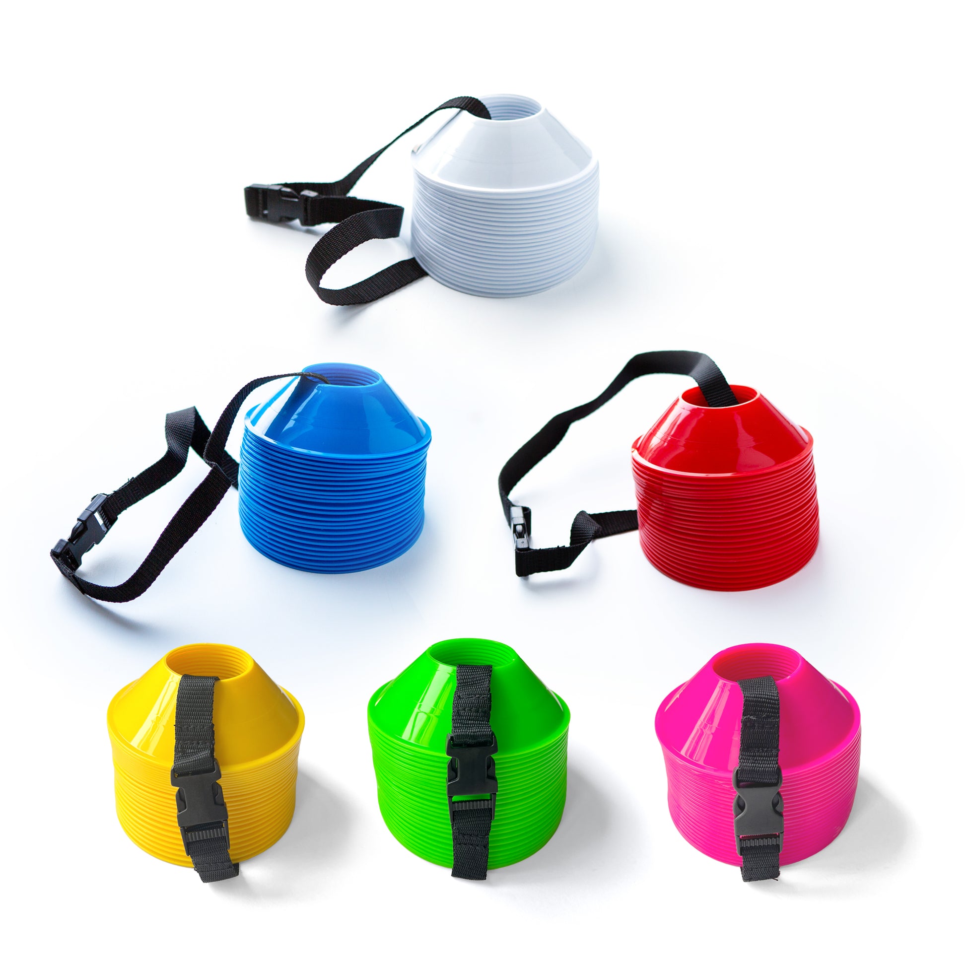 Six stacks of Mini Disc Cones in white, blue, red, yellow, green, and pink with black carrying straps are displayed on a white surface—ideal for marking soccer fields during training sessions.