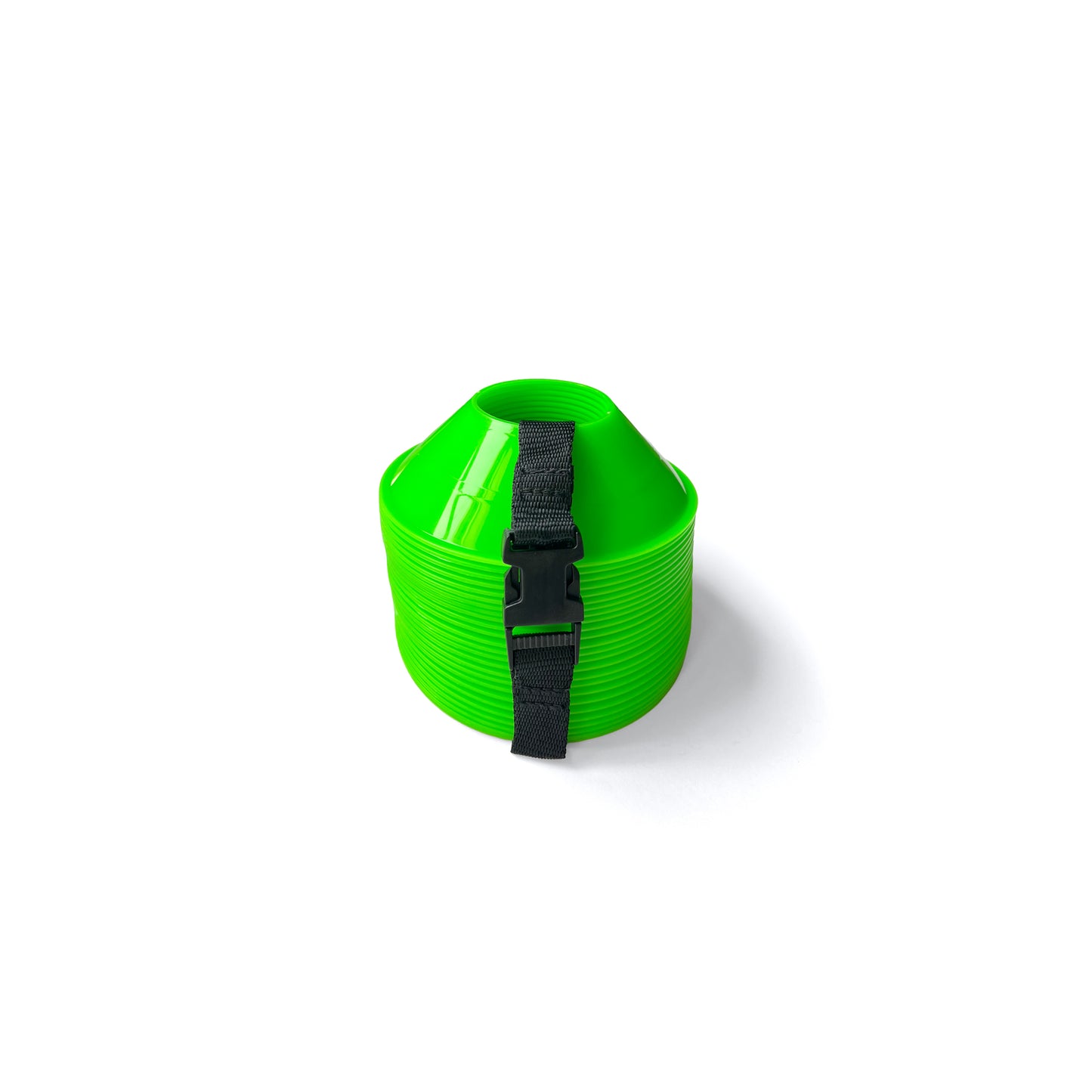 A stack of green Mini Disc Cones, secured with a black strap and buckle, displayed on a white background.