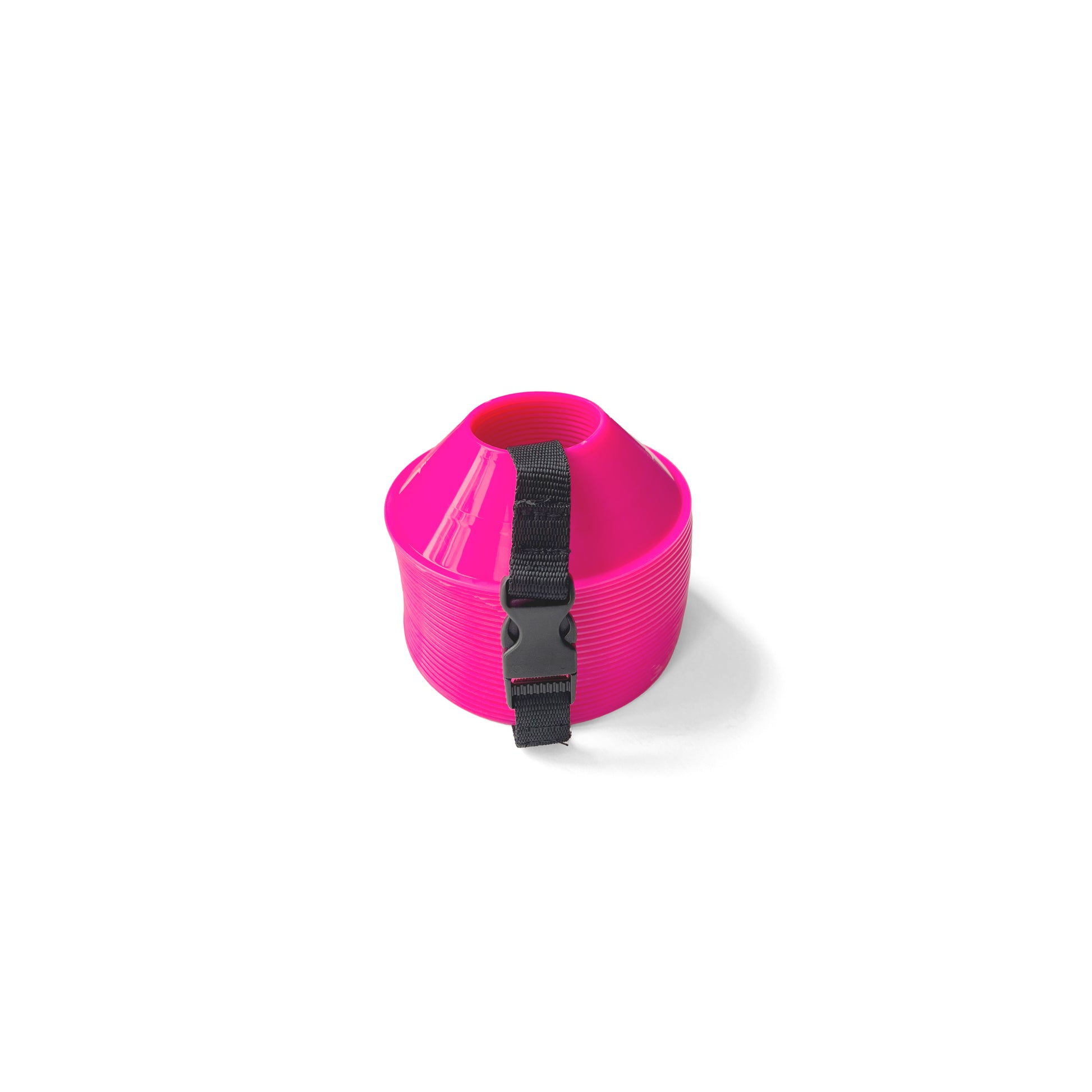 The Mini Disc Cone is a pink, stackable plastic cup with a black adjustable strap and buckle around its middle, resembling mini disc cones and shown against a white background.