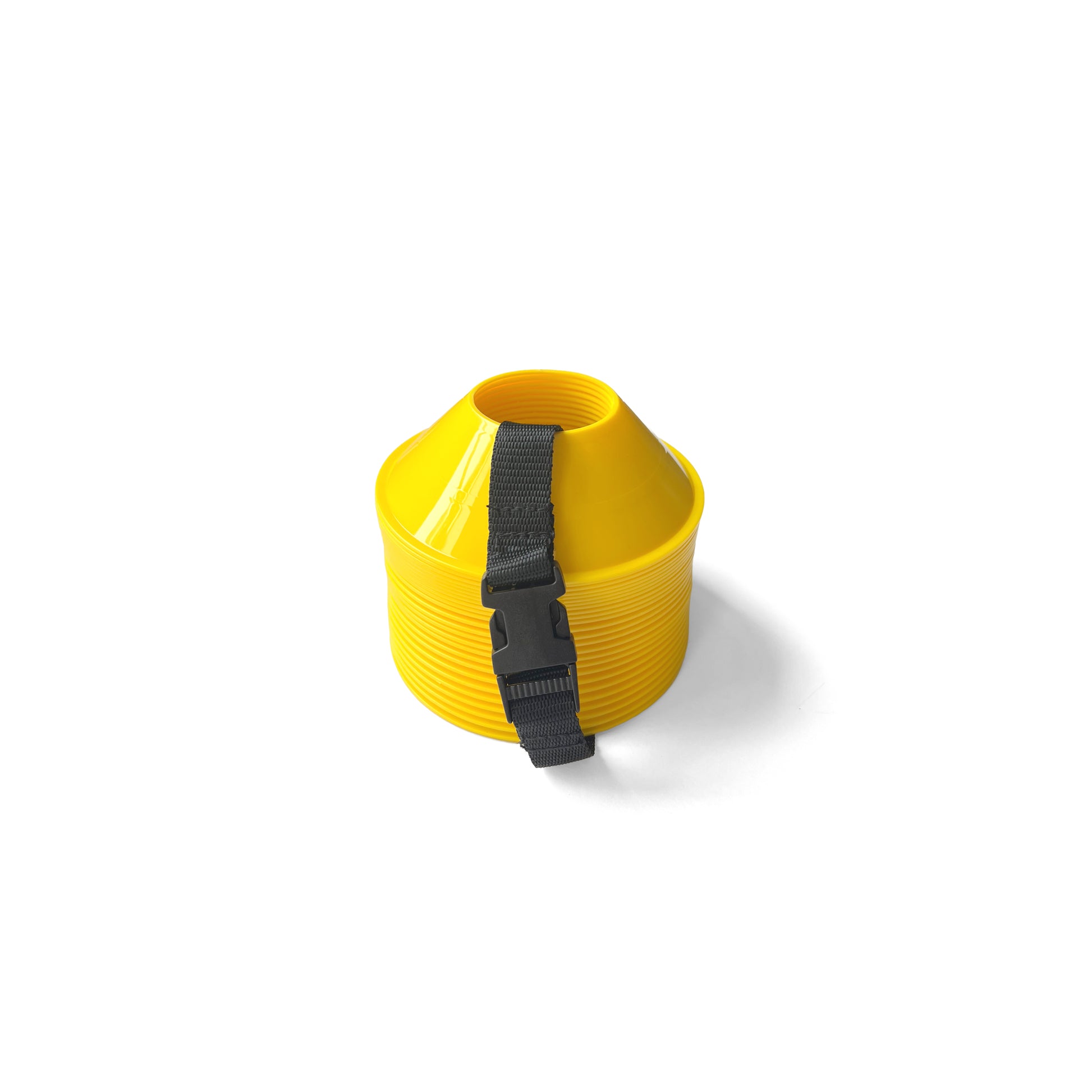 A Mini Disc Cone in yellow plastic, resembling training cones, features a black adjustable strap with buckle wrapped around it and is placed on a white background.