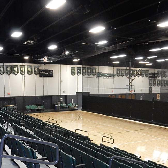 Motorized gym divider curtain. Flex mesh with vinyl.