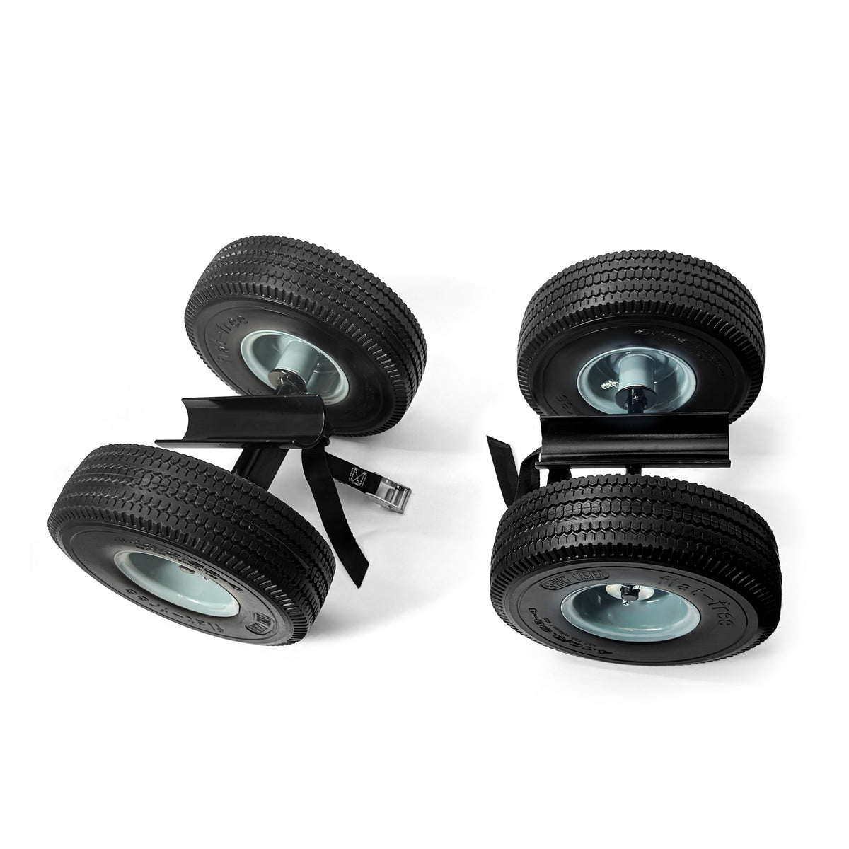 Two pairs of black pneumatic tires for a Saddle Wheel Kit For Soccer Goals With a 2″ Round Base, attached to metal brackets with securing straps.