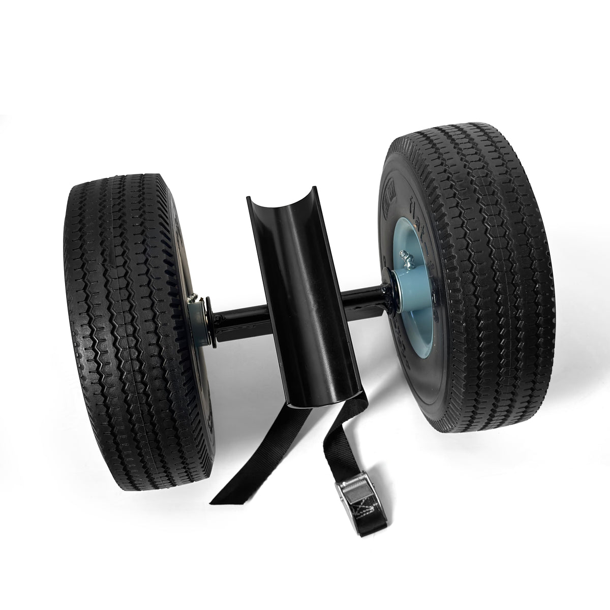 Saddle Wheel Kit For Soccer Goals With a 2″ Round Base featuring two wheels connected by a metal axle with a curved cradle and a black nylon tension strap.