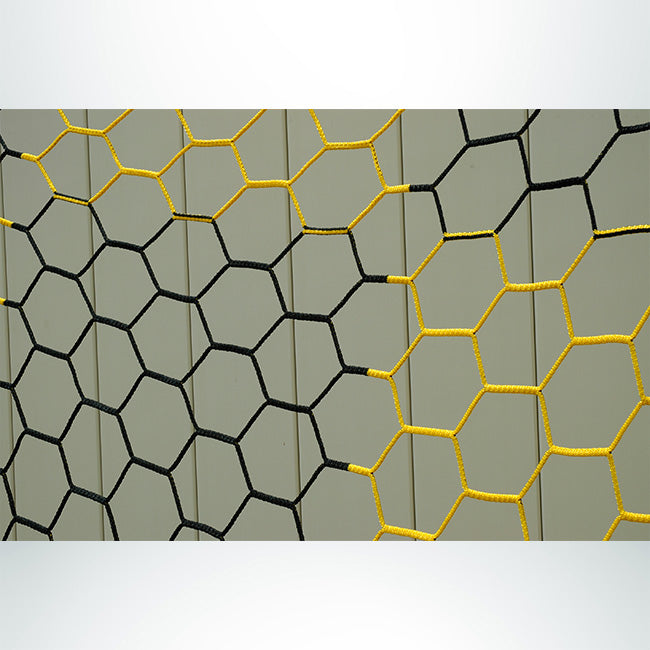 Model #NPHEX4082466HP. 8' x 24' box style checkered soccer net, black and gold.