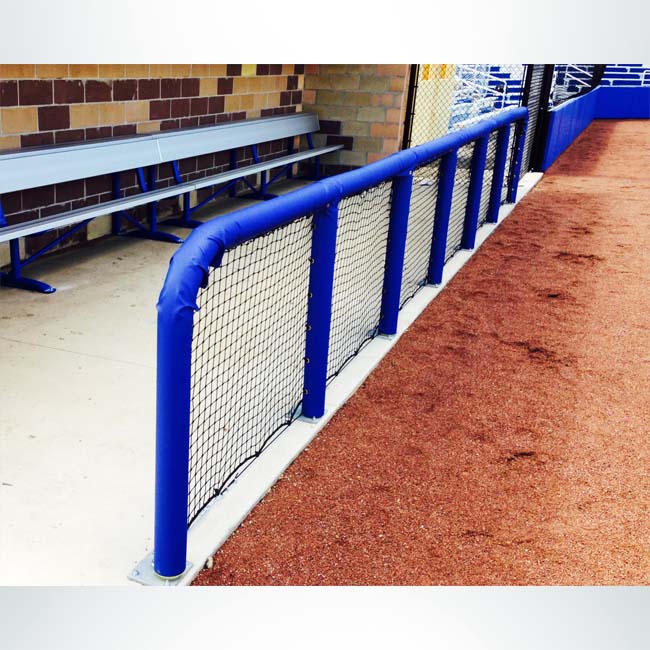 Royal blue padding on dugout rails.
