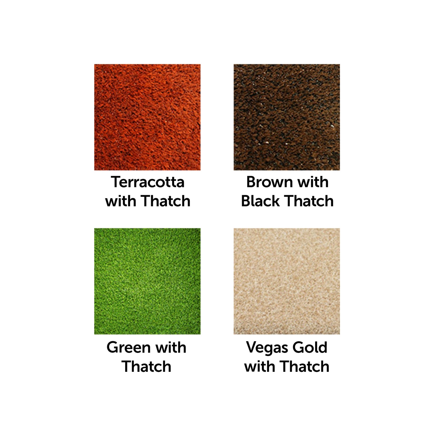 Four color swatches for The Perfect Mound Portable Bullpen Pitching Mound Series: terracotta with thatch (top left), brown with black thatch (top right), green with thatch (bottom left), and Vegas gold with thatch (bottom right). Labels shown below.