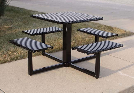 Model #PREST. Square metal 4 seat table in black for parks and businesses.