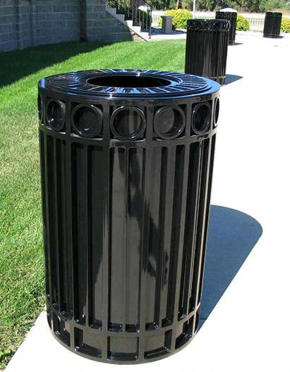 Model #PRISUT40. Round outdoor trash receptacle in black.
