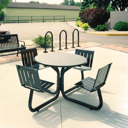 Model #PRLTRND. Round metal 4 seat picnic table for parks and businesses.