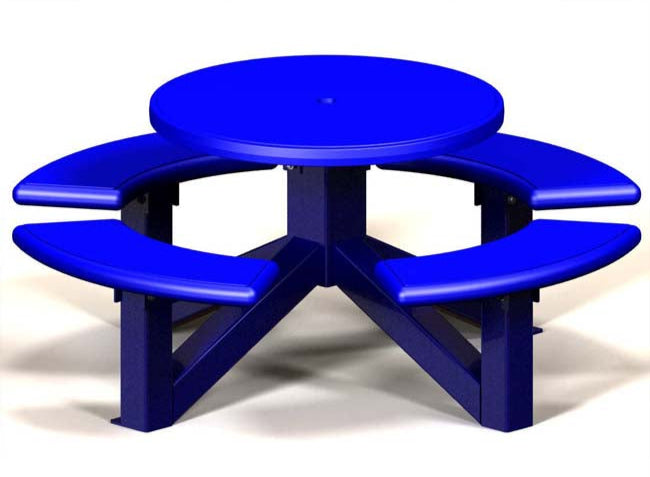 Model #PRRSOTS. Round plastic picnic table in blue for parks and businesses.
