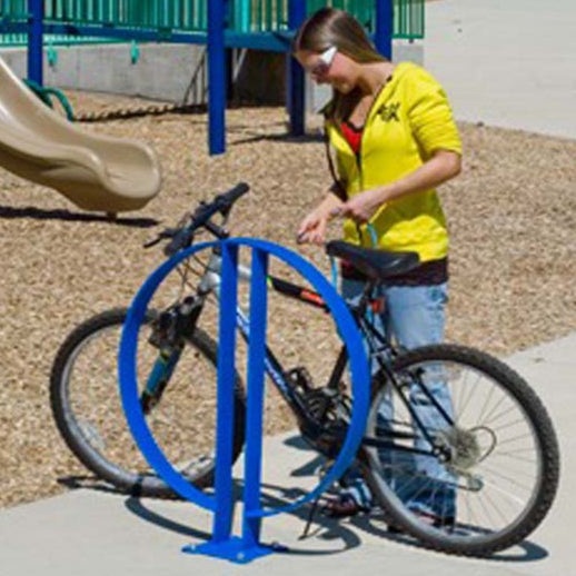 Model #PILRBR20. 2 bike hoop rack powder coated blue. Can be installed singly or in groups.