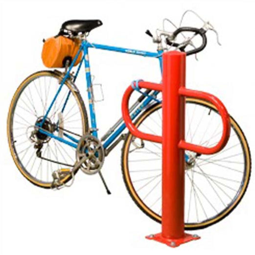 Model #PILBR2. Single post bollard 2 bike-bike rack powder coated red.