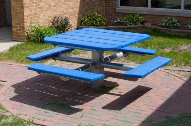 Model #PILRQT4. Square pedestal picnic table with central steel post. 48" square top. 32" table height. 20" seat height. For parks, schools, businesses and restaurants.