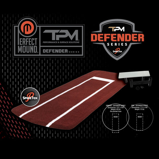 The Perfect Mound Defender Series Softball Pitching Mat Pro (maroon, white lines) features the black TPM Defender Series logo, Portolite Spiketek surface tech, and includes mat dimension diagrams plus Perfect Mound and SportTek logos. For high school to pro use.