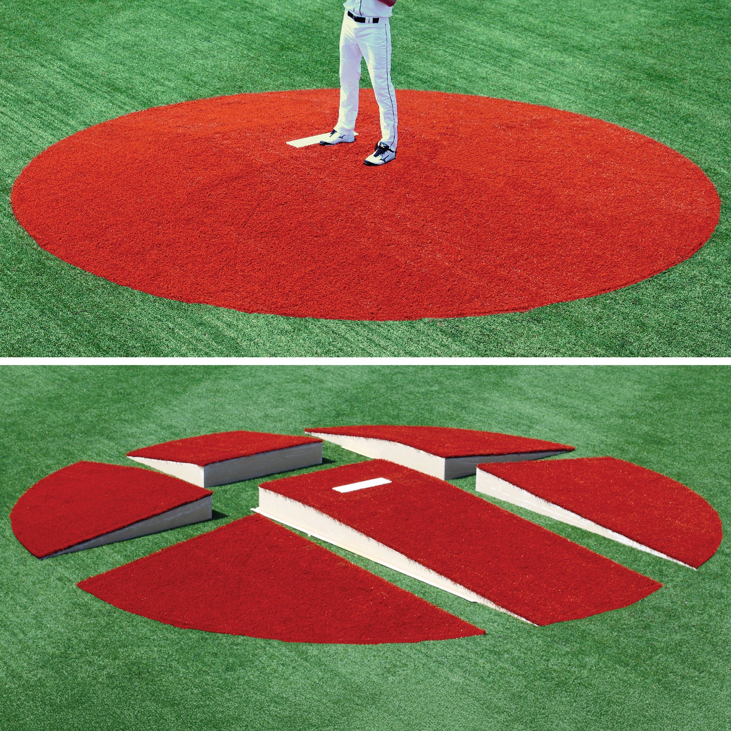 Top: A pitcher stands on The Perfect Mound Adult Portable Pitching Mound, an MLB-spec fiberglass mound on green turf. Bottom: The same portable mound is disassembled into red and white sections on the grass.