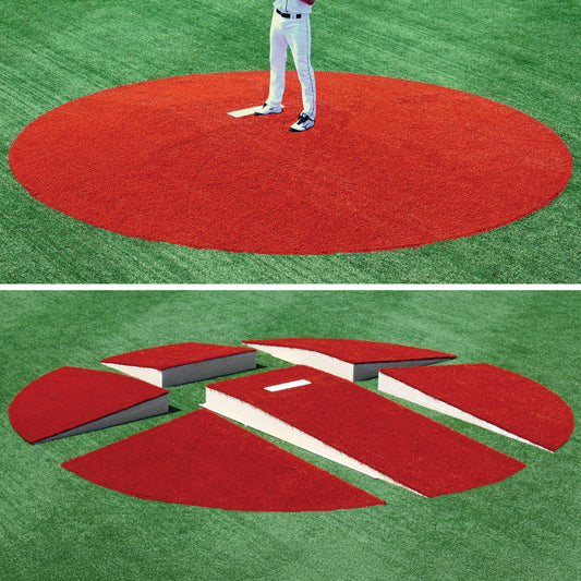 Top: A pitcher stands on The Perfect Mound Adult Portable Pitching Mound, an MLB-spec fiberglass mound on green turf. Bottom: The same portable mound is disassembled into red and white sections on the grass.