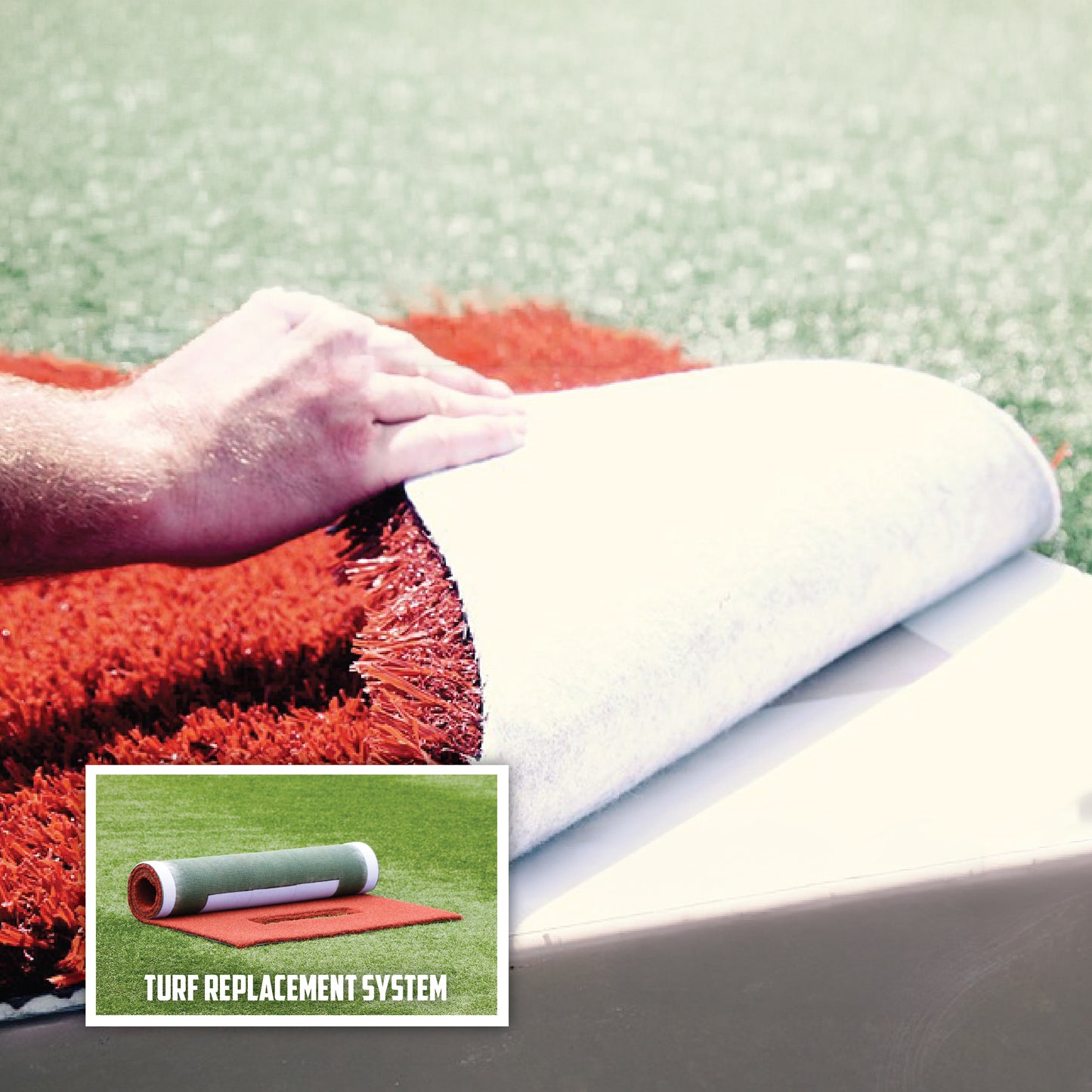 A hand lifts artificial red turf to show the underside. Insets feature a rolled-up piece and turf laid on grass labeled TURF REPLACEMENT SYSTEM—perfect for use with The Perfect Mound Adult Portable Pitching Mound.