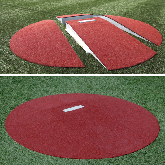 Two images: Top shows The Perfect Mound Youth Portable Pitching Mound disassembled on green turf; bottom shows it fully assembled as a red circle, demonstrating its easy setup for Little League & youth baseball.