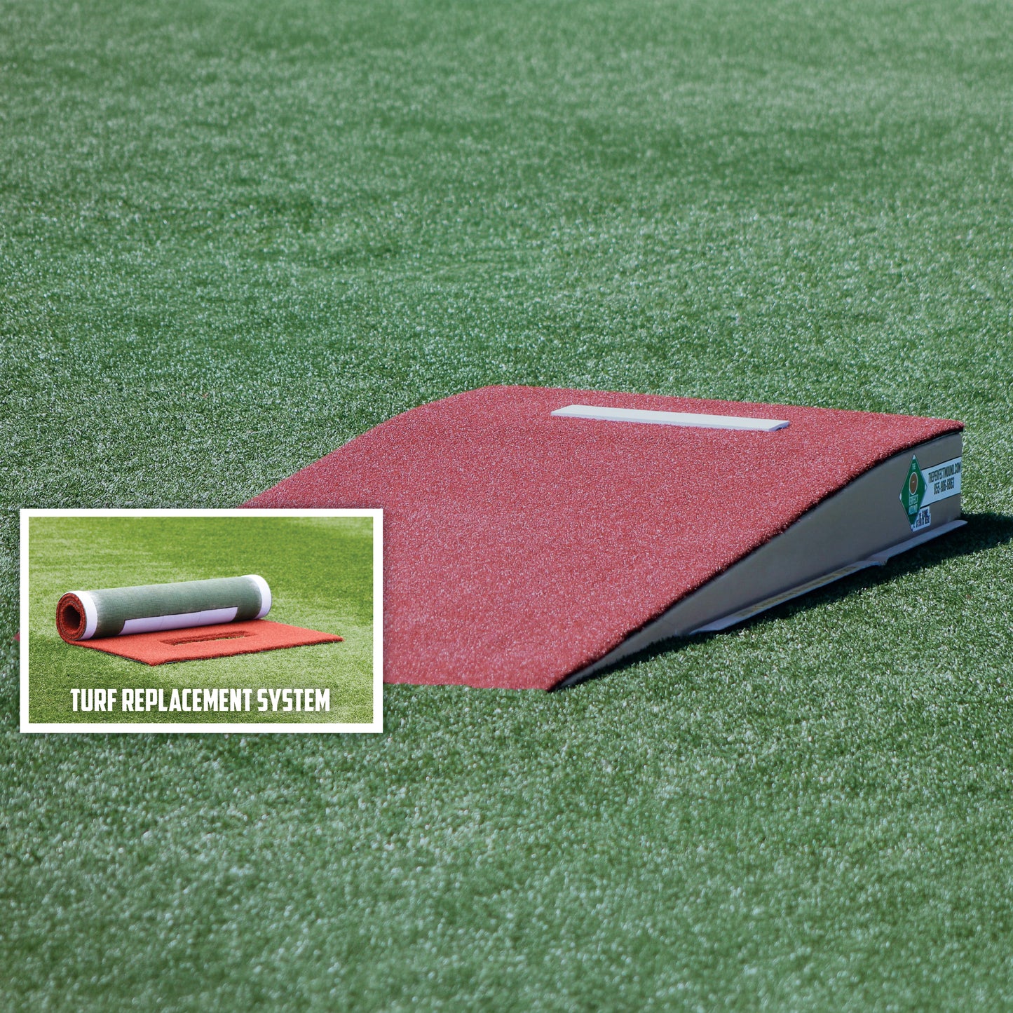 The Perfect Mound Youth Portable Pitching Mound for Little League & Youth Baseball, shown in red on artificial turf. An inset highlights the Turf Replacement System with a rolled-up replacement turf piece.